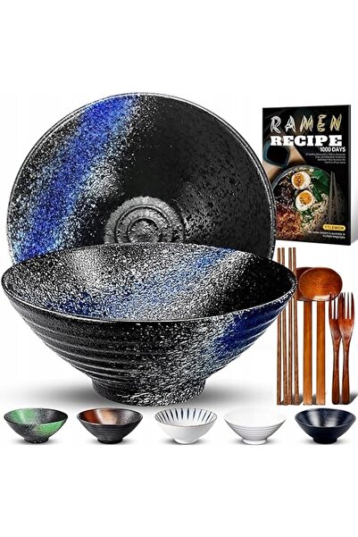 NO BRAND Set de 2 boluri ceramice pentru ramen de 1000ml cu bețișoare, lingur...