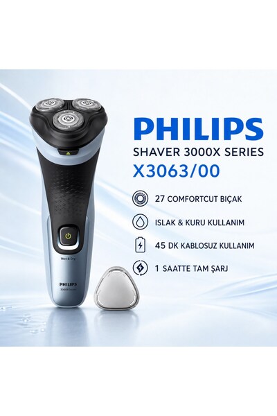 Philips 3000X Serisi Islak&Kuru Tıraş Makinesi, 3 Yönde Dönen Başlıklar, Hass...