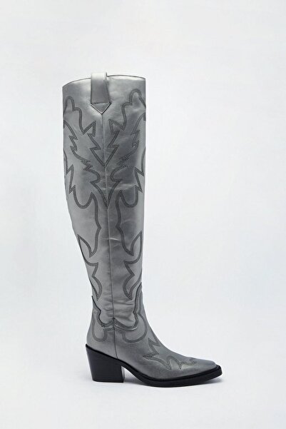 NO BRAND Cizme cowboy gri metalice, brodate, clasice, din piele, mărimea 38