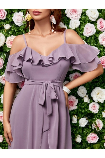 NO BRAND Rochie de cocktail elegantă mov cu volane, de seară, cu curea, Shein 40