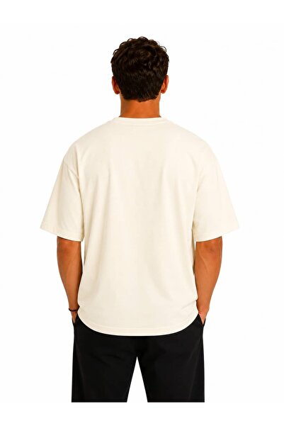 Vasto Moda Erkek Oversize Kalın Dokulu %100 Organik Pamuk Bisiklet Ribana Yakalı Ekru T-Shirt