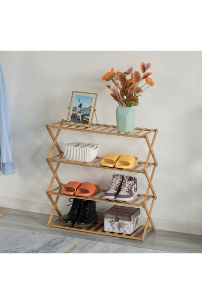 NO BRAND Raft de pantofi din bambus, pliabil, 67x25x50cm, din lemn, cu patru ...