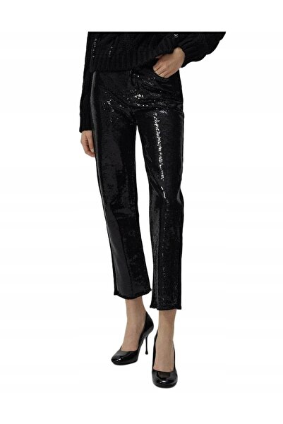 NO BRAND Pantaloni negri din bumbac, blugi cu paiete, lungime 7/8, cu buzunar...