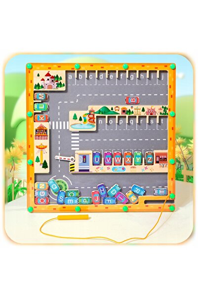 NO BRAND Joc magnetic din lemn Montessori, tip labirint cu alfabet și parcare...