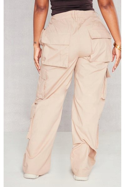 NO BRAND Pantaloni bej cu detalii la buzunare, croială largă, talie înaltă, P...
