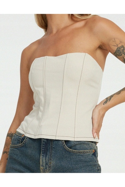 NO BRAND Top corset bej, cu fermoar la spate, cu umerii goi, casual, Motel S