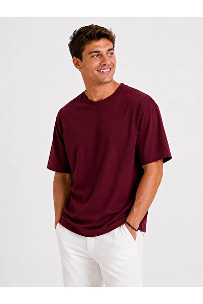 Vasto Moda Erkek Oversize Kalın Dokulu %100 Organik Pamuk Bisiklet Ribana Yakalı Bordo T-Shirt
