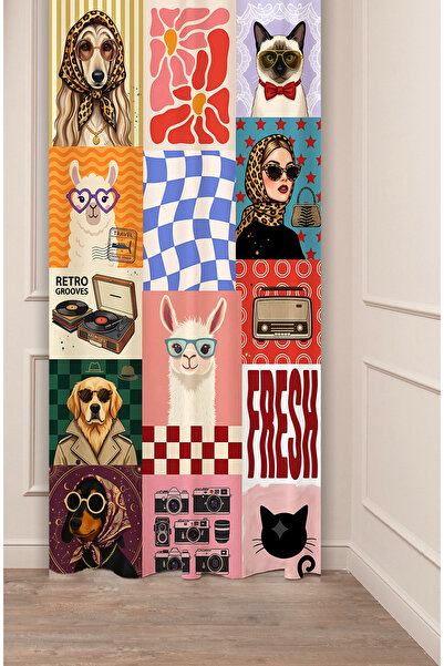 GREENDECOR Sıcak Tonlar Retro Köpek & Pop-Art Kolaj Baskılı Fon Perde Özel Ta...