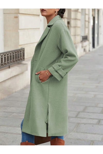 NO BRAND Palton verde cu model melanj, nasturi, genunchiere, buzunare, Shein m