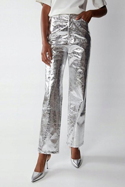 NO BRAND Pantaloni argintii metalici din imitație de piele, croială dreaptă, ...