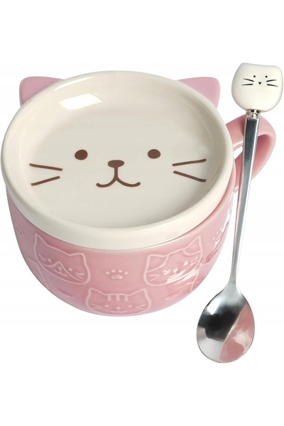 NO BRAND Cană ceramică cu design pisică drăguță, 300 ml, cu linguriță și capa...