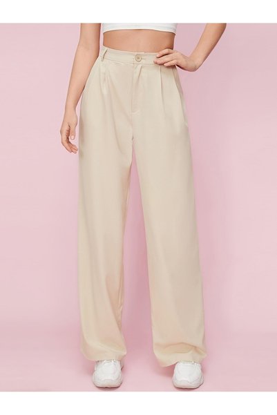 NO BRAND Pantaloni Bej Drepți Netezi Talie Înaltă Lungi Clasici Shein 40