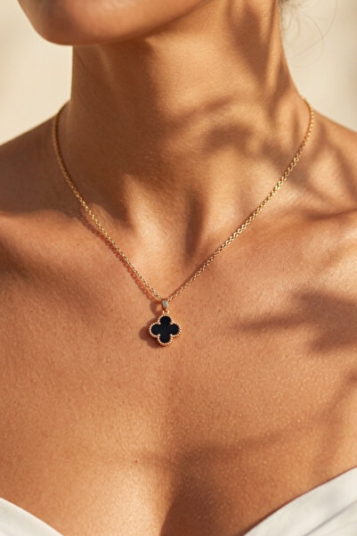 Elika Silver Black Enameled Flower Model Brand Necklace