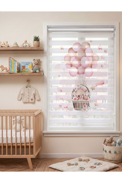 AD Home Pembe Uçan Balonlu Ayıcık Desenli Çocuk Odası Dijital Baskılı Zebra P...