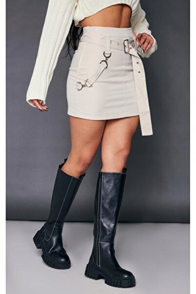 NO BRAND FUSTĂ MINI BEJ CU CĂTARĂ, MULATĂ, PRETTYLITTLETHING, mărimea 36