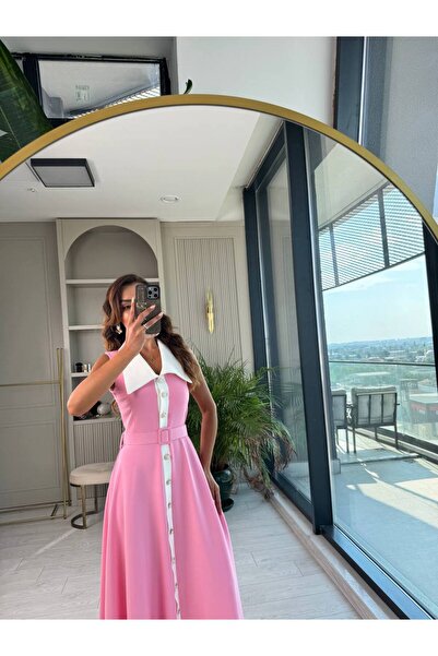 FWB Barbie Pembe inci Taş Düğme Detaylı Lüks Kalite Kemerli Kloş Elbise