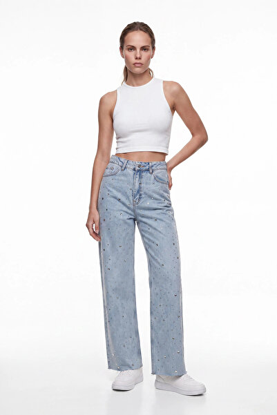 cemo Taş İşlemeli Wide Leg Jean Pantolon