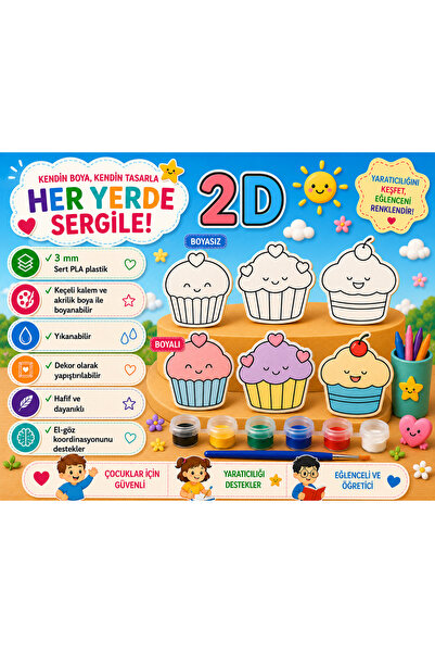2D Boyanabilir Cupcake Figür Seti – 3'lü Boyama Kiti – 3 mm PLA Plastik – Boya ve Fırça Dahil