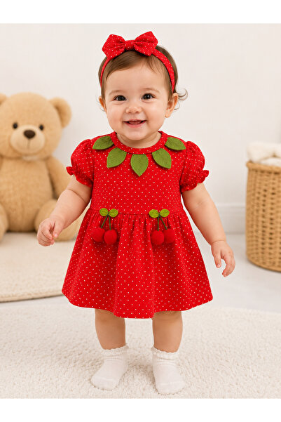 DUBAİ ÇOCUK Baby Girl Strawberry Detailed Polka Dot Dress Red Summer Casual D...