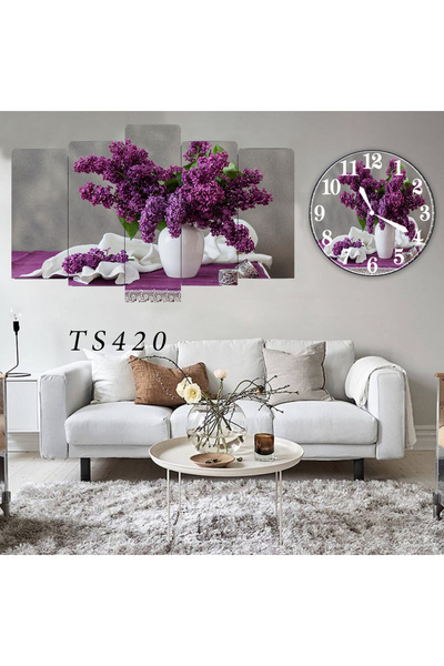 BellaaaModa Çiçekli Dekoratif Desenli Mdf Tablo 5 Parça Set ve Saatli Takım, ...