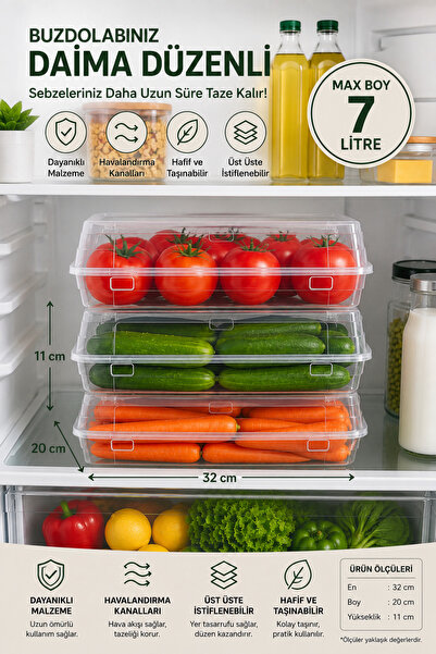 Mim Life 7 Litre Buzdolabı Düzenleyici Sebze Saklama Kabı Seti 3 lü | İstiflenebilir Kapaklı Sebzelik Organizer