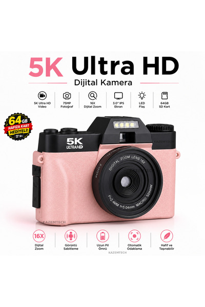 KAZEMTECH Dijital Kamera 5K Ultra HD Vlog Kamerası Güçlendirilmiş Lens 75MP 1...