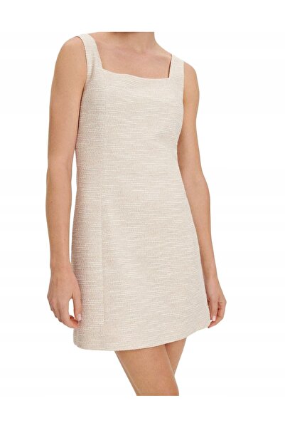 NO BRAND Rochie bej mini cu bretele late, croială trapez, din tweed, Reserve, XL