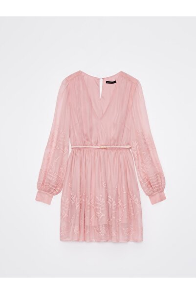 NO BRAND Rochie mini cocktail roz, cu mânecă lungă, cu model brodat 32