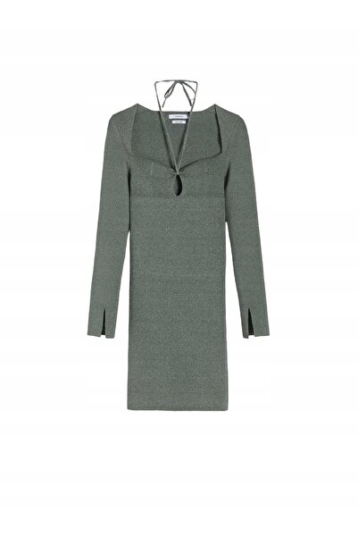 NO BRAND Rochie mini tricotată verde, cu mâneci lungi, guler cu șnur, Reserve S