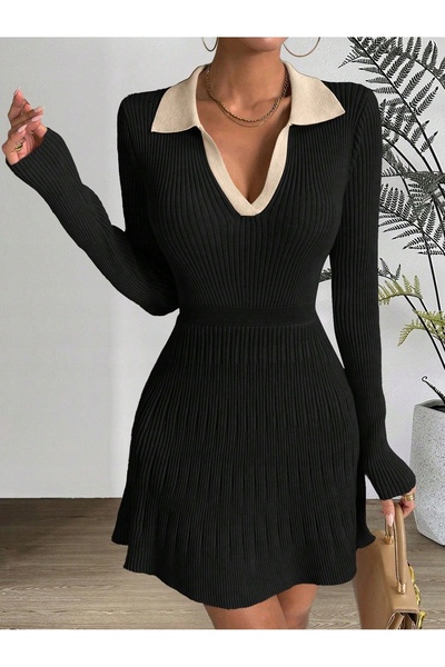 NO BRAND Rochie tricotată mini neagră, dreaptă, cu guler bej și dungi, Shein 38