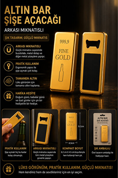 BRE HOME Altın Bar Şişe Açacağı Mıknatıslı | Metal Gold Külçe Tasarım, Buzdol...
