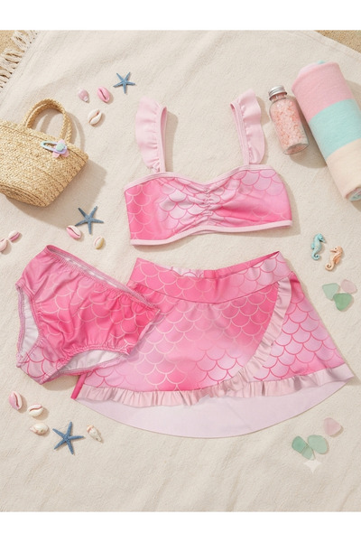 ARBİ kids Girl's Pink Wavy Pattern Stylish Skirted Three-Piece Bikini Set Swi...