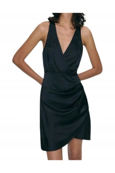 NO BRAND Rochie mini neagră de cocktail din satin, cu cordon, Classic Reserve XL