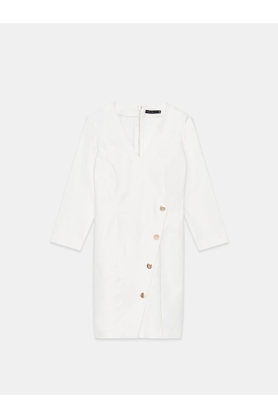 NO BRAND Rochie mini albă cu mânecă lungă, nasturi tip cocktail, mohito 32