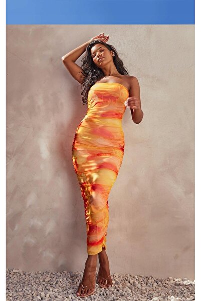 NO BRAND Rochie Maxi Bodycon din plasă portocalie Prettylittlething 36