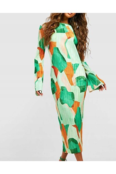 NO BRAND Rochie Midaxi verde cu model, boohoo, plisată, cu mânecă lungă, 40