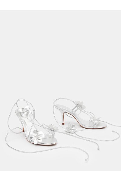 NO BRAND Sandale clasice argintii cu toc stiletto, decorație cu flori 3D, cu ...