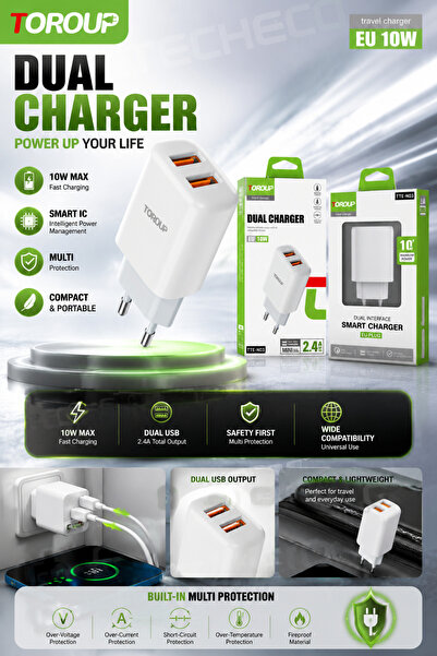 Toroup TTE-N03 Dual USB Wall Charger, 10W Max, 2.4A Smart Charging, Dual USB ...