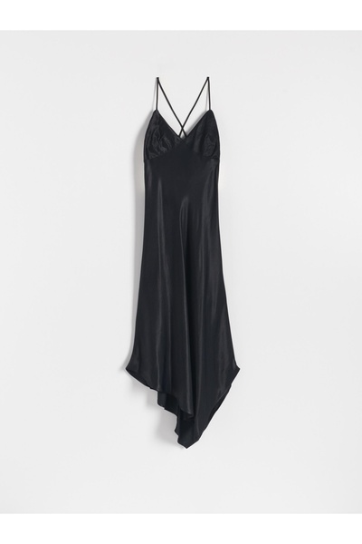 NO BRAND Rochie neagră asimetrică din satin neted de viscoză, cu legătură, mă...