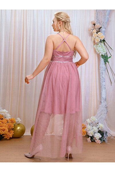 NO BRAND Rochie de cocktail roz din plasă, asimetrică, de seară, Shein 48