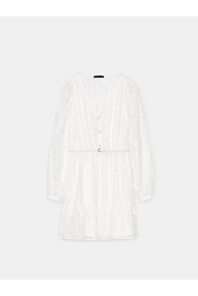 NO BRAND Rochie albă evazată, texturată, mini, cu mâneci lungi și volane, Moh...