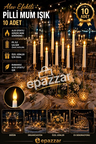 epazzar 10 Adet Pilli Şamdan Mumu Alev Efekti Büyük Boy Özel Günler Süsleme Dekor Organizasyon Parti Mumu