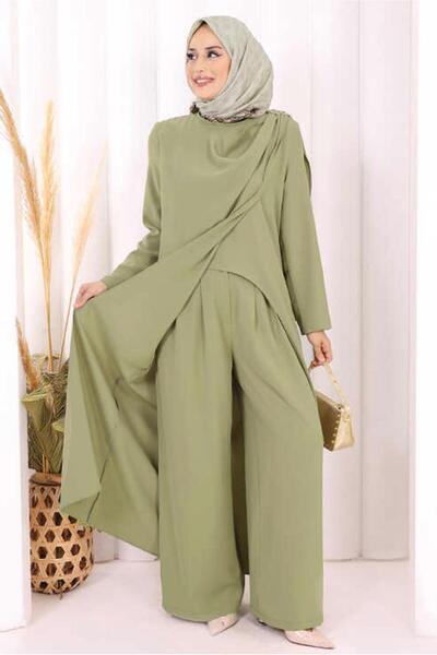 TRENDTESETTÜR KADIN HAKİ ASİMETRİK KESİM PANTOLONLU TAKIM T 8698