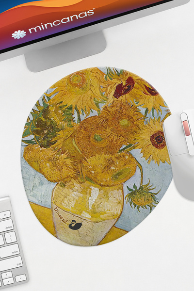 Mincanas لوحة ماوس بيضاوية الشكل بتصميم عباد الشمس من Van Gogh مع وسادة ماوس ...