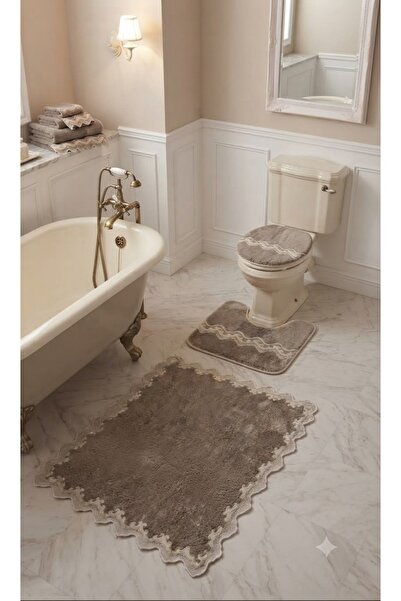 DECORA CASA HOME COLLECTİON 3-Piece Lace Detailed Bath Mat Set Non-Slip, Mode...