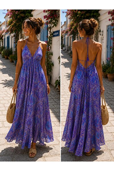 shop Kadın Mor Şal Desenli %80 İpek Sırt Dekolteli Askılı Uzun Maxi Yazlık El...