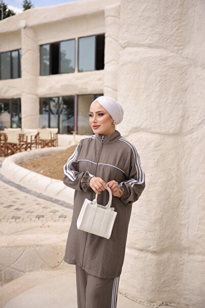 MİMİ Luxury Wear Women's Striped Sports Hijab Double Set High Collar Zippered...