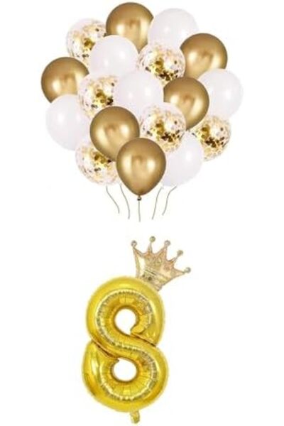 Yıldızan 8 Number Gold Foil Balloons, King Crown and Confetti Gold Balloon 93...