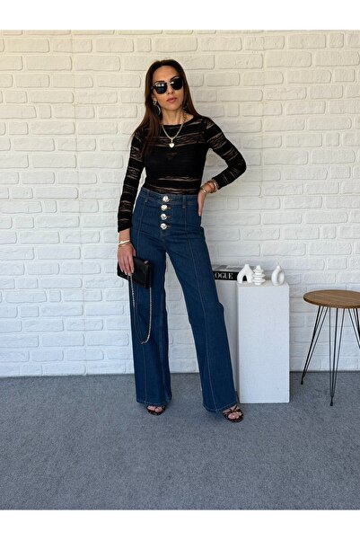 Goncalya Gold Button High Waist Palazzo Jeans