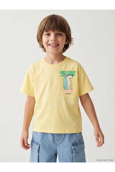 LC Waikiki تي شيرت LCW Kids أصفر اللون مطبوع برقبة دائرية للأولاد